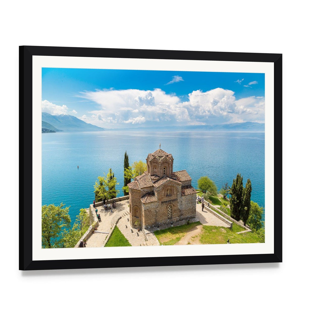 Jovan Kaneo Church Overlooking Ohrid Lake Canvas Wall Art, framed print with white mat and black frame, angled product view
