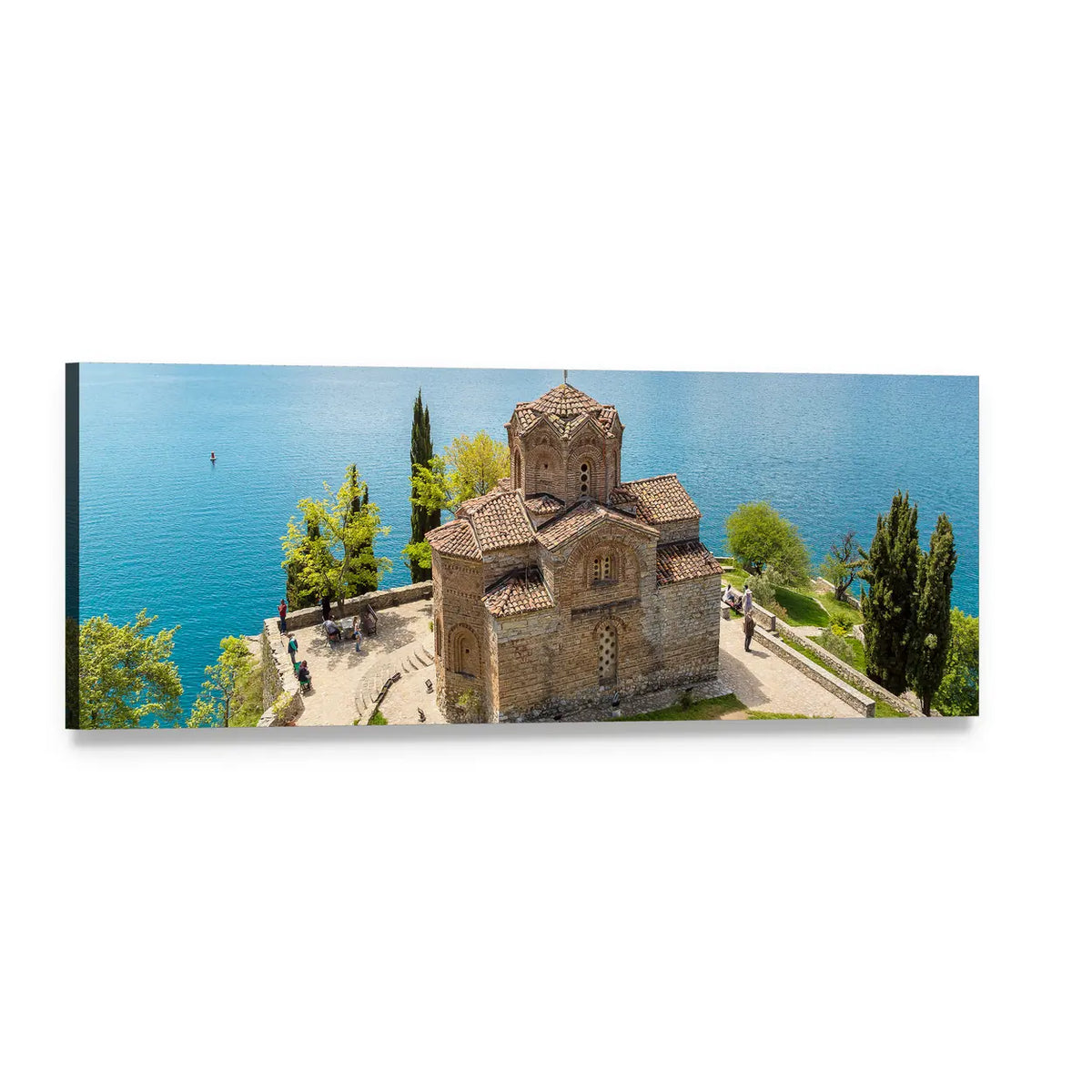 Jovan Kaneo Church Over Lake Ohrid Panoramic Canvas Wall Art, single panel gallery wrapped canvas, angled product view