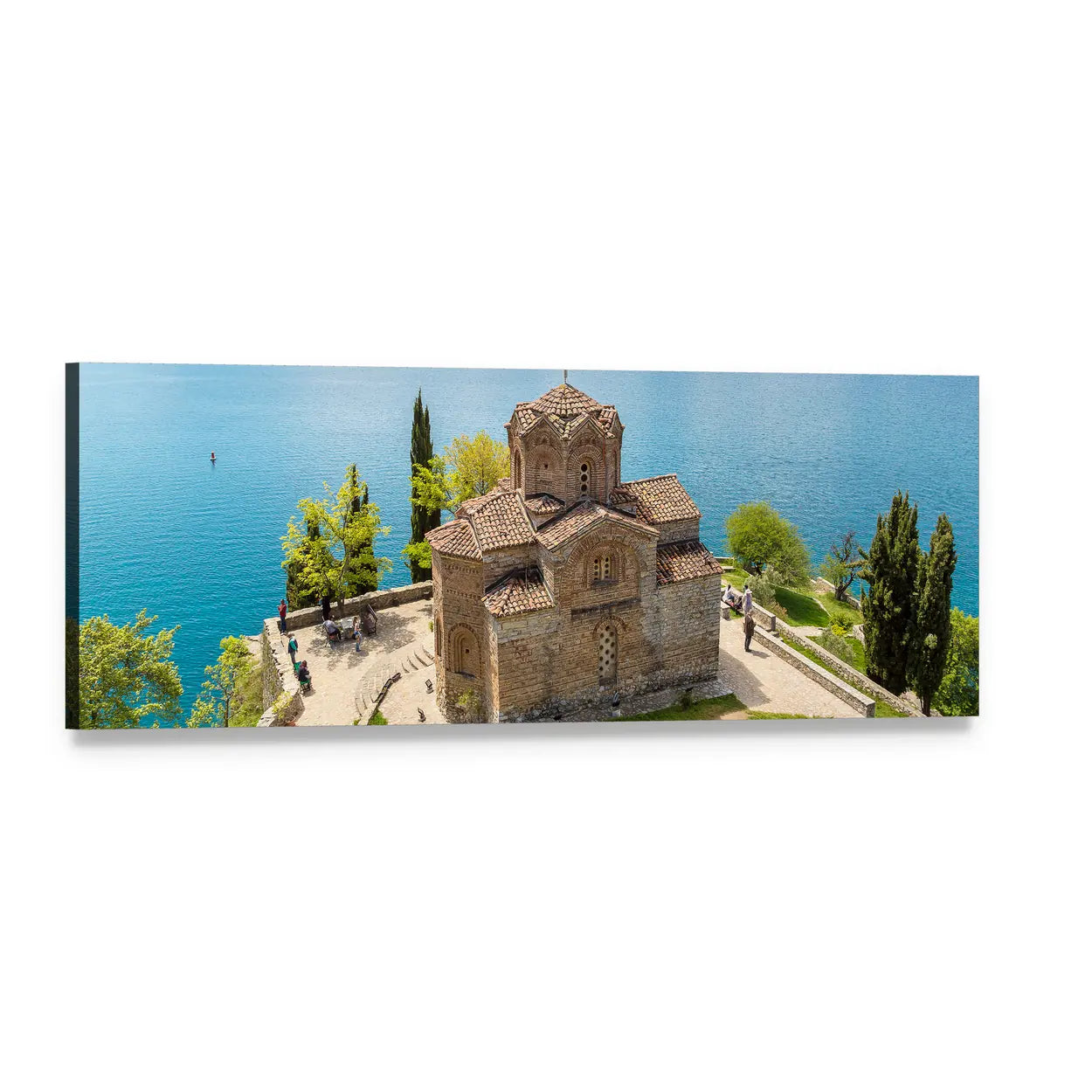 Jovan Kaneo Church Over Lake Ohrid Panoramic Canvas Wall Art, single panel gallery wrapped canvas, angled product view