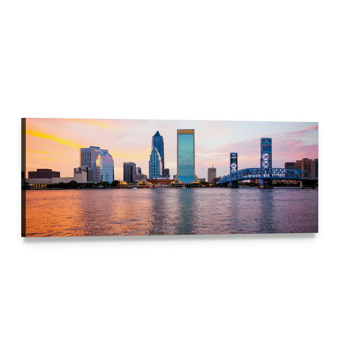 Jacksonville Sunset Skyline with Blue Bridge Panoramic Canvas Wall Art, single panel gallery wrapped canvas, angled product view