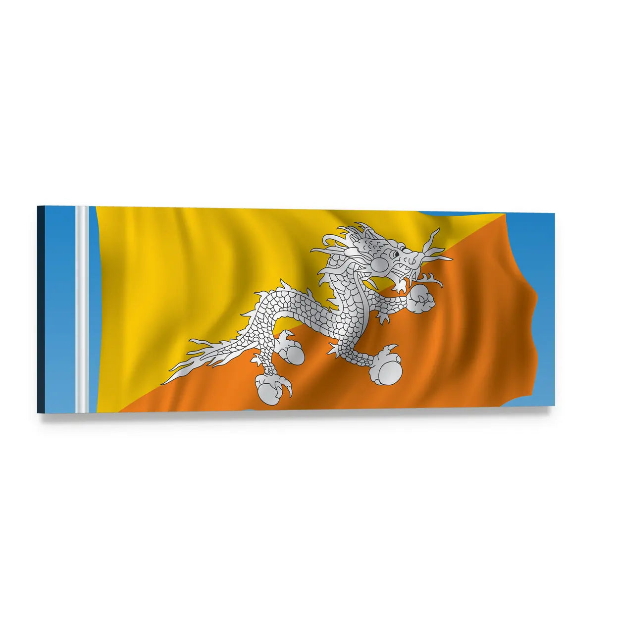 Bhutan Flag with Waving Druk Dragon Panoramic Canvas Wall Art, single panel gallery wrapped canvas, angled product view