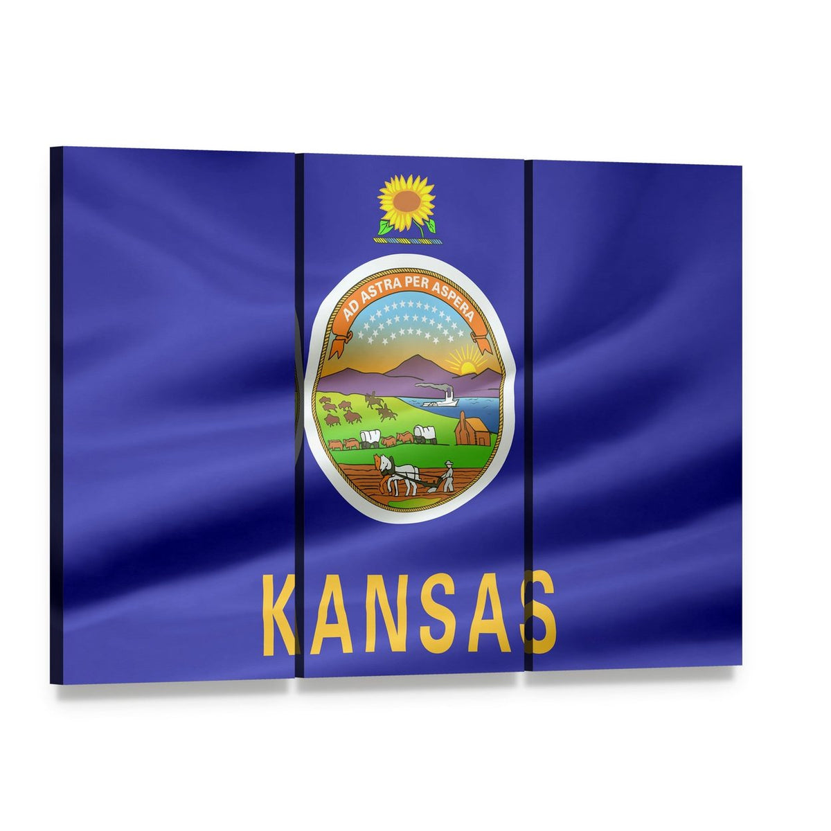 Kansas State Flag with Seal Canvas Wall Art, 3 panel 3 Horizontal layout gallery wrapped canvas set, angled product view