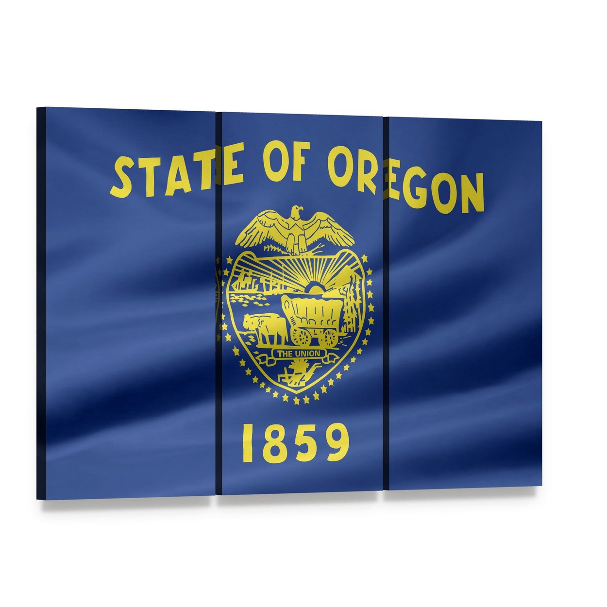Waving Oregon State Flag Canvas Wall Art, 3 panel 3 Horizontal layout gallery wrapped canvas set, angled product view