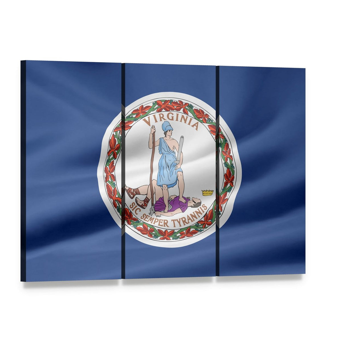 Waving Virginia State Flag Canvas Wall Art, 3 panel 3 Horizontal layout gallery wrapped canvas set, angled product view