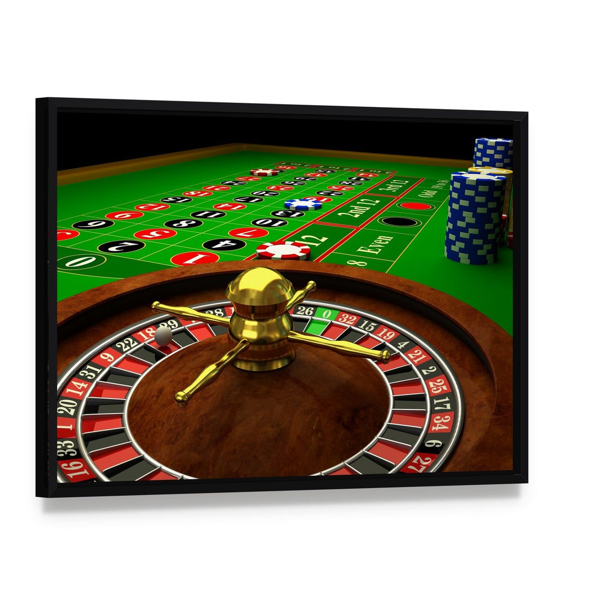 Casino Roulette Canvas Wall Art, framed canvas in a black floater frame, angled product view