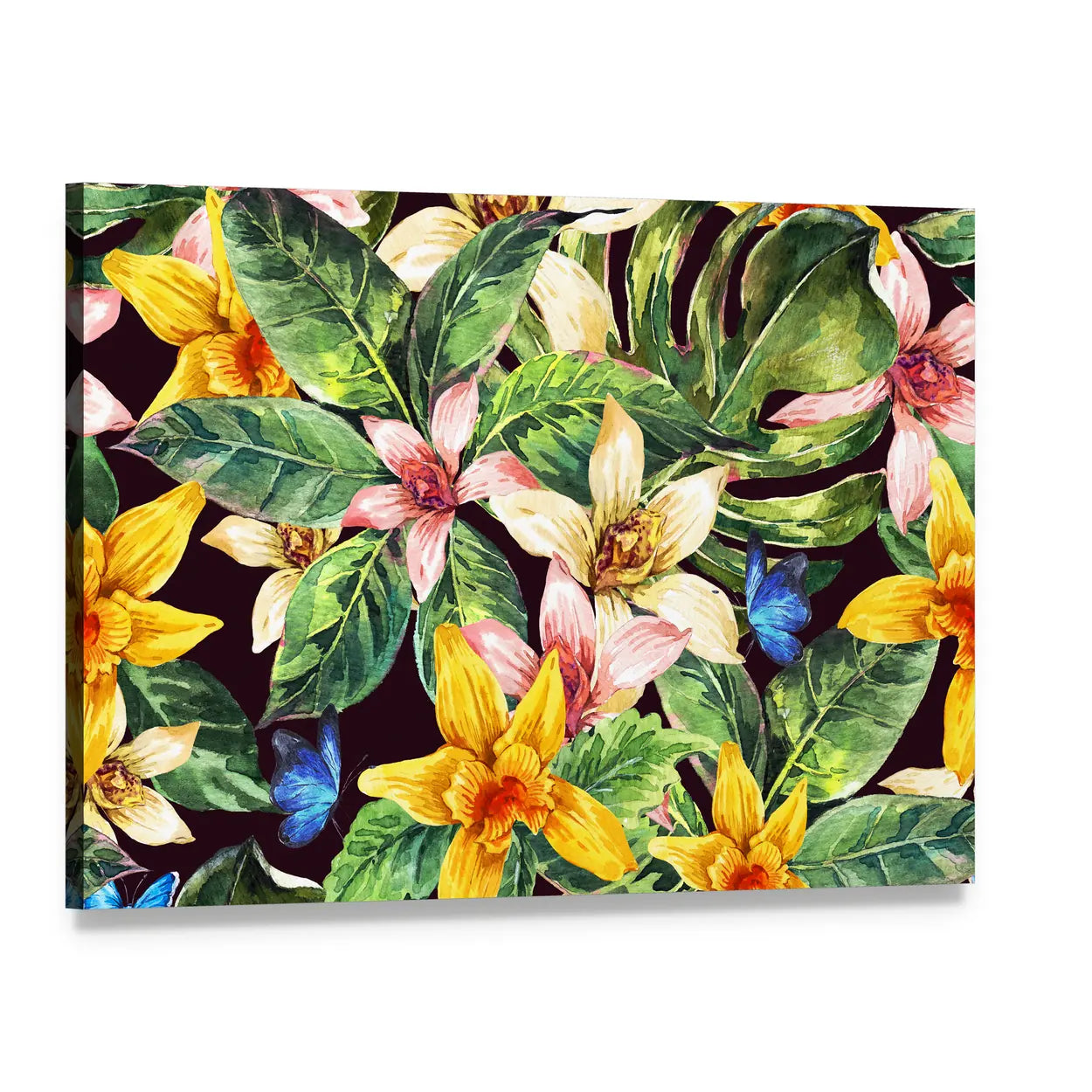 Watercolor Tropical Leaves Pattern Canvas Wall Art, single panel gallery wrapped canvas, angled product view