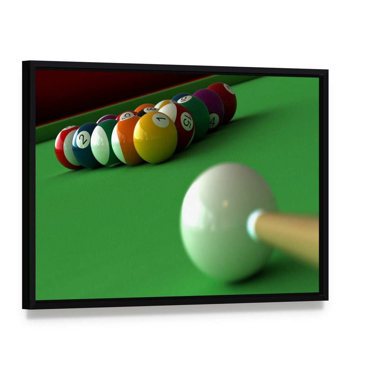 Billiard Balls and Table Canvas Wall Art, framed canvas in a black floater frame, angled product view