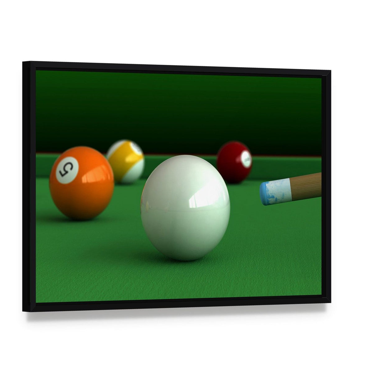 Billiard Balls and Table Canvas Wall Art, framed canvas in a black floater frame, angled product view