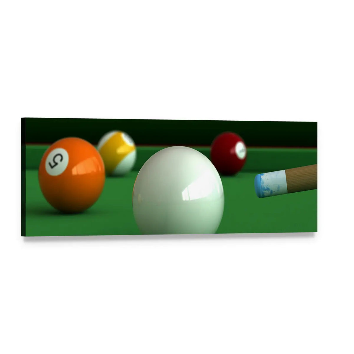 Close-up of Billiard Balls on Pool Table Panoramic Canvas Wall Art, single panel gallery wrapped canvas, angled product view