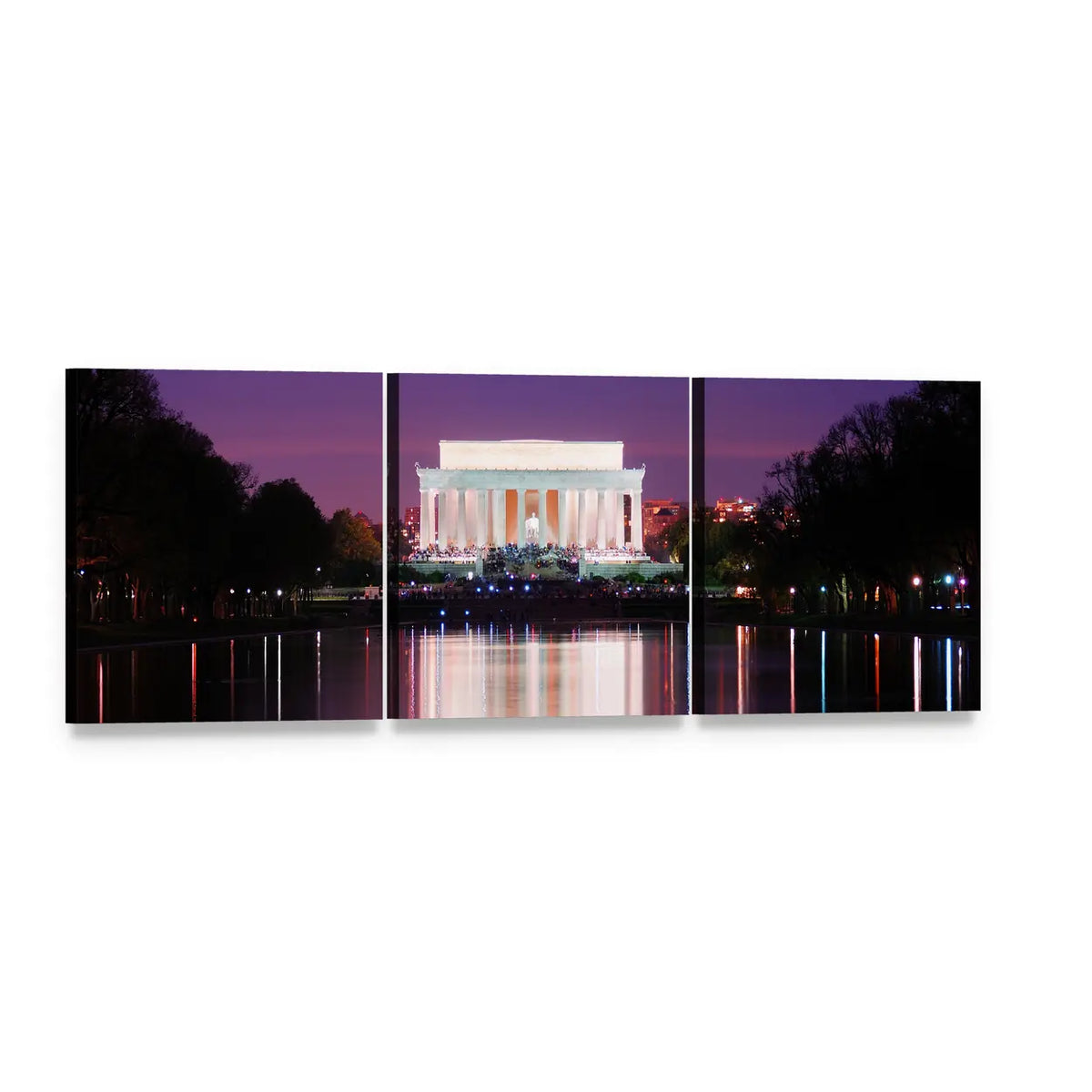 Lincoln Memorial at Sunset Panoramic Canvas Wall Art, 3 panel 3 Piece layout gallery wrapped canvas set, angled product view