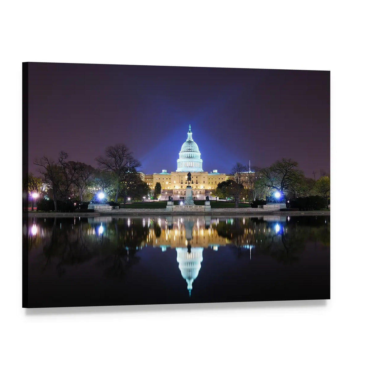 Us Capitol Reflected at Night Canvas Wall Art, single panel gallery wrapped canvas, angled product view