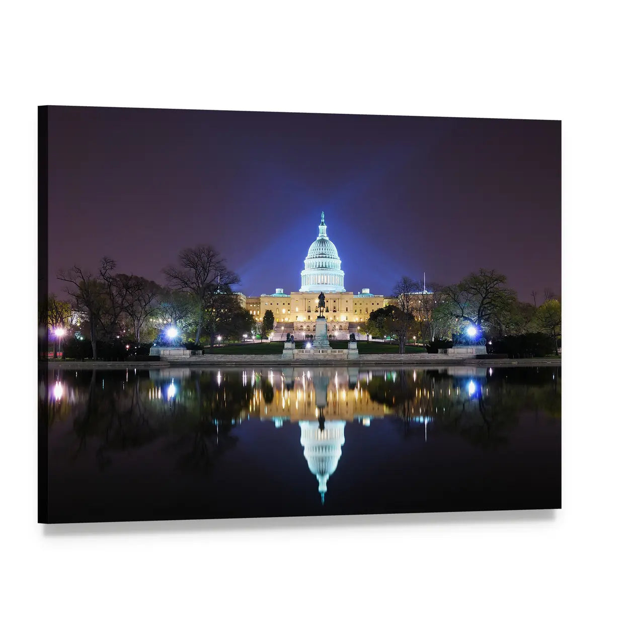 Us Capitol Reflected at Night Canvas Wall Art, single panel gallery wrapped canvas, angled product view