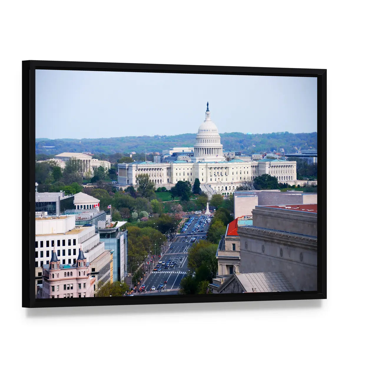 Washington D.c. Capitol Dome Over Pennsylvania Avenue Canvas Wall Art, framed canvas in a black floater frame, angled product view