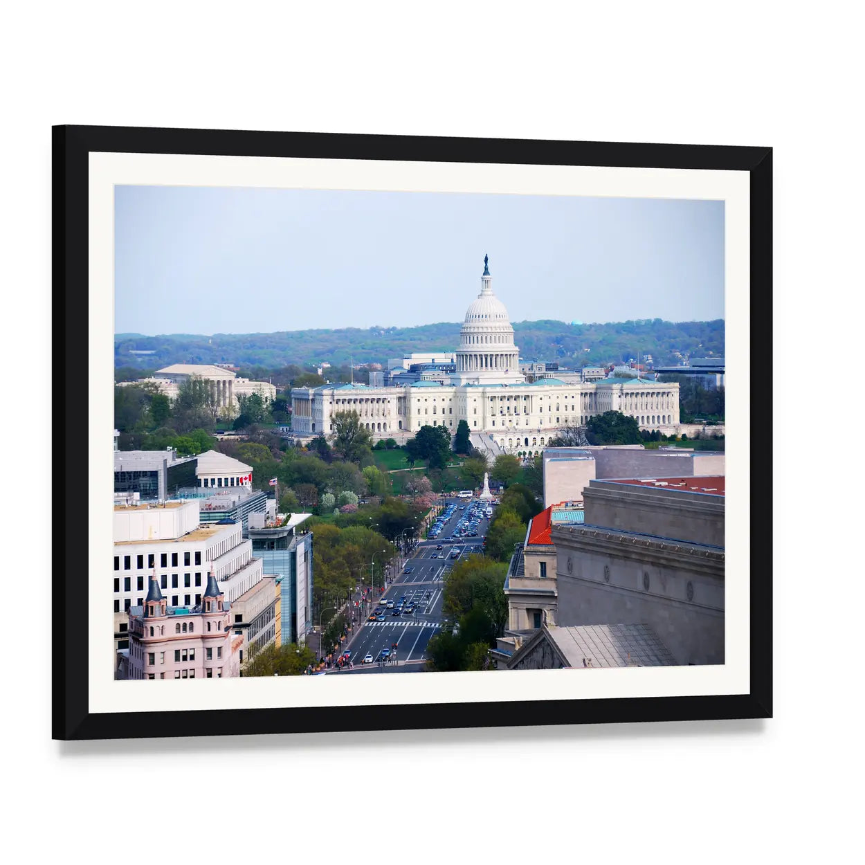 Washington D.c. Capitol Dome Over Pennsylvania Avenue Canvas Wall Art, framed print with white mat and black frame, angled product view