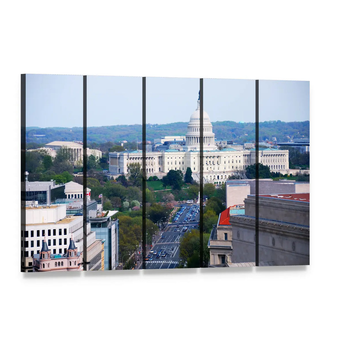 Washington D.c. Capitol Dome Over Pennsylvania Avenue Canvas Wall Art, 5 panel 5 Horizontal layout gallery wrapped canvas set, angled product view