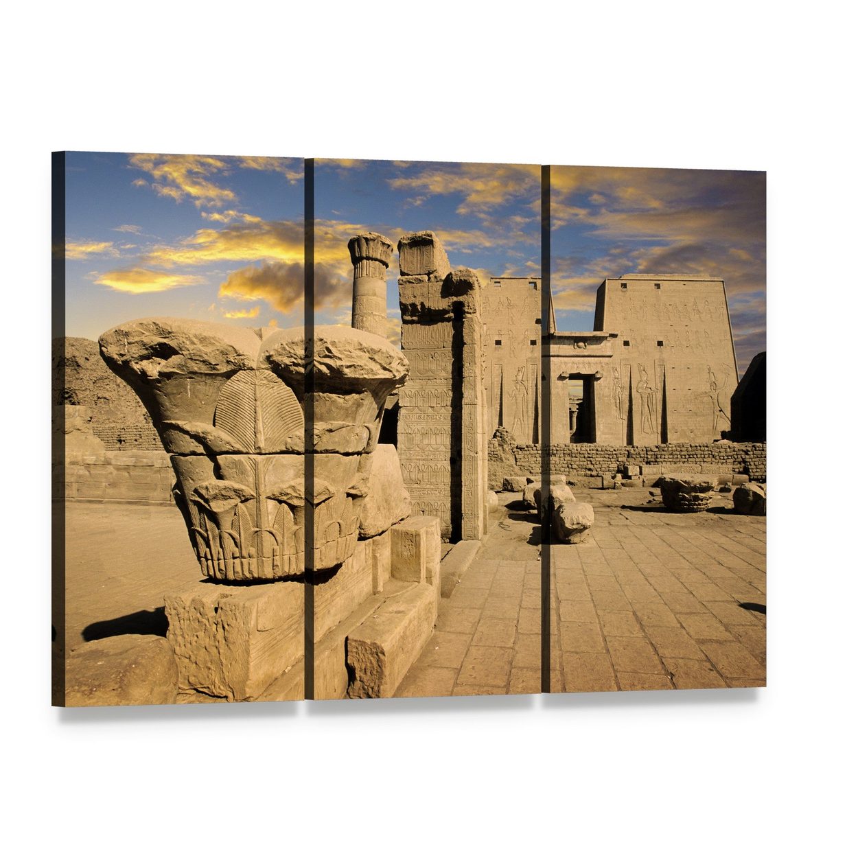 Ancient Egyptian Temple Ruins at Sunset Canvas Wall Art, 3 panel 3 Horizontal layout gallery wrapped canvas set, angled product view