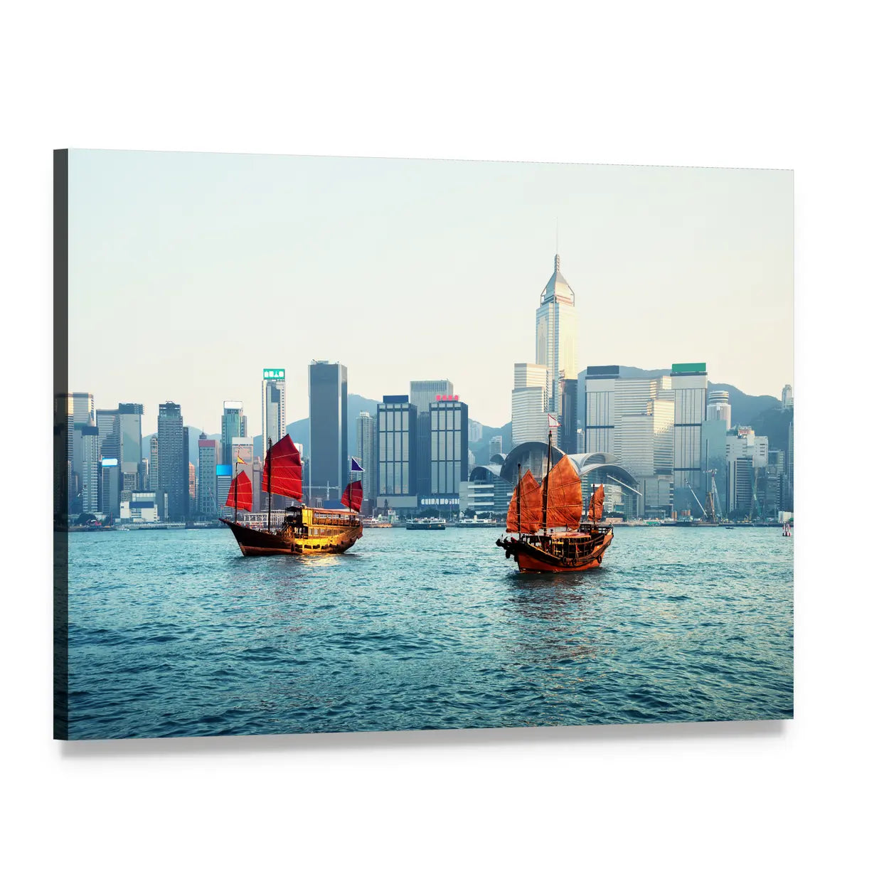 Hong Kong Harbor with Two Junks Canvas Wall Art, single panel gallery wrapped canvas, angled product view