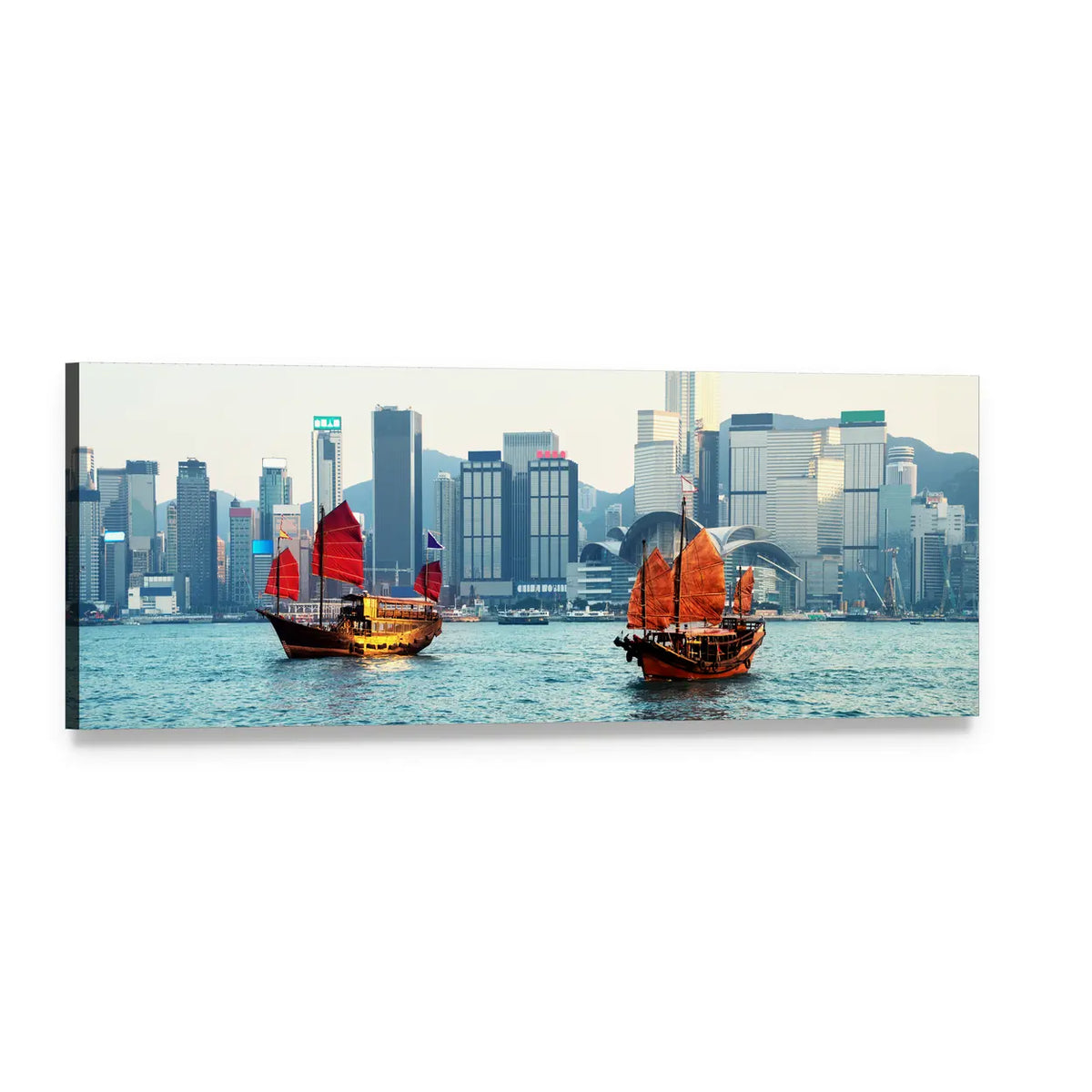 Hong Kong Harbor View Panoramic Canvas Wall Art, single panel gallery wrapped canvas, angled product view