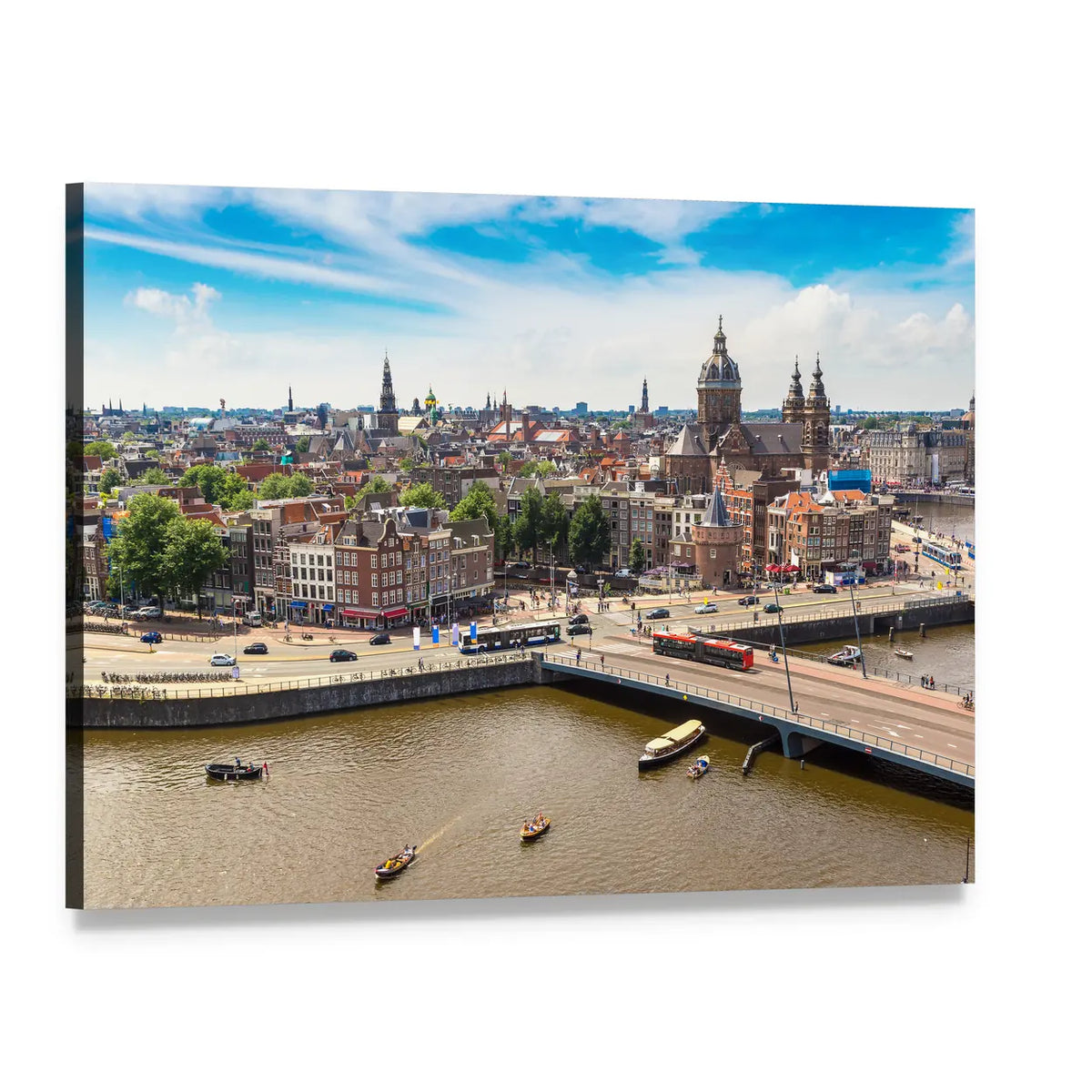 St. Nicolas Church Over Amsterdam Canal Canvas Wall Art, single panel gallery wrapped canvas, angled product view
