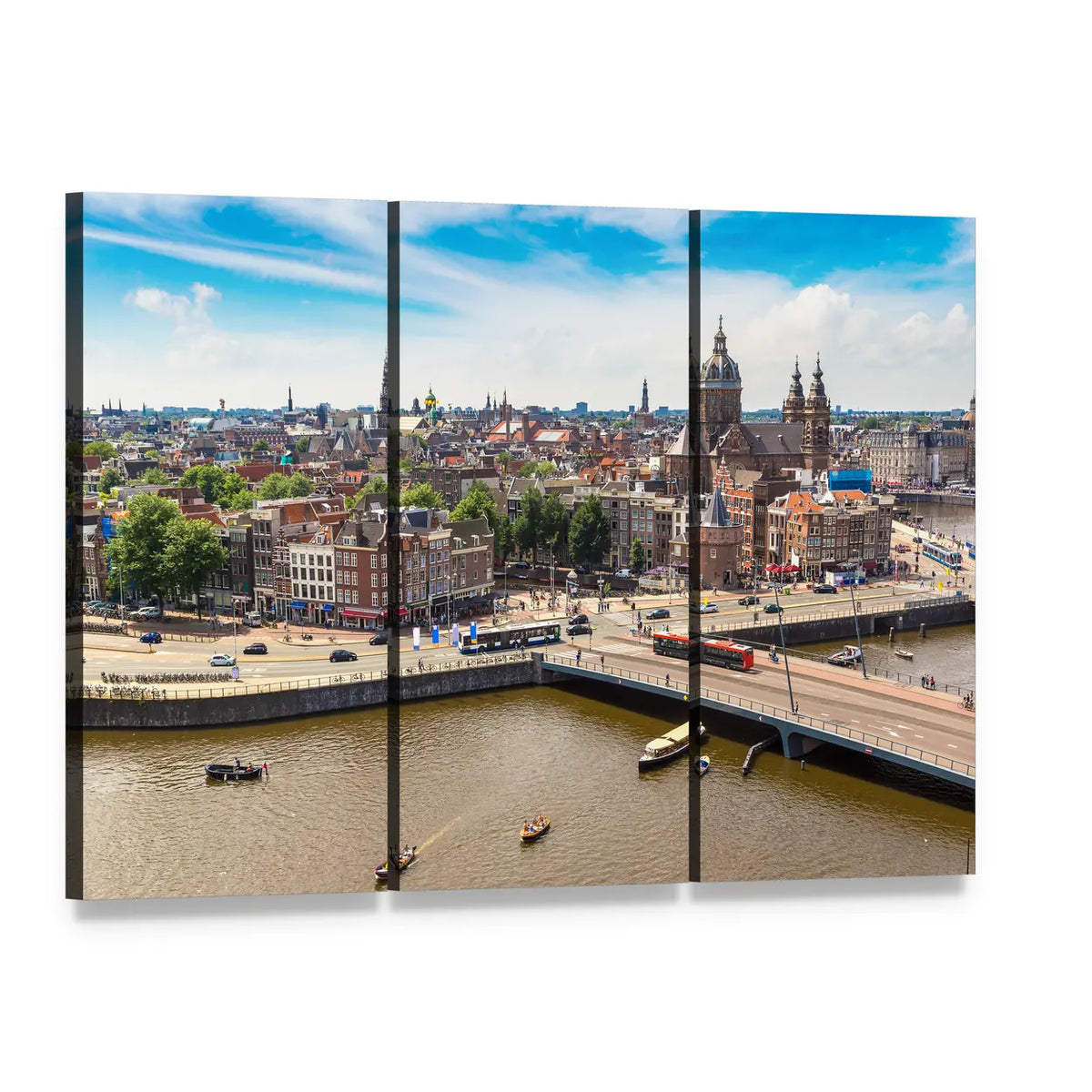 St. Nicolas Church Over Amsterdam Canal Canvas Wall Art, 3 panel 3 Horizontal layout gallery wrapped canvas set, angled product view