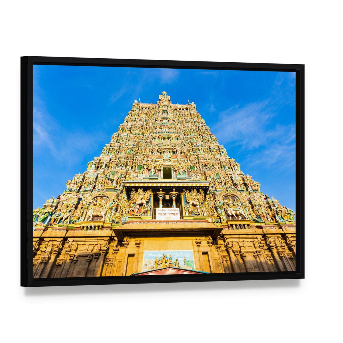 Meenakshi Amman Temple in India Canvas Wall Art, framed canvas in a black floater frame, angled product view