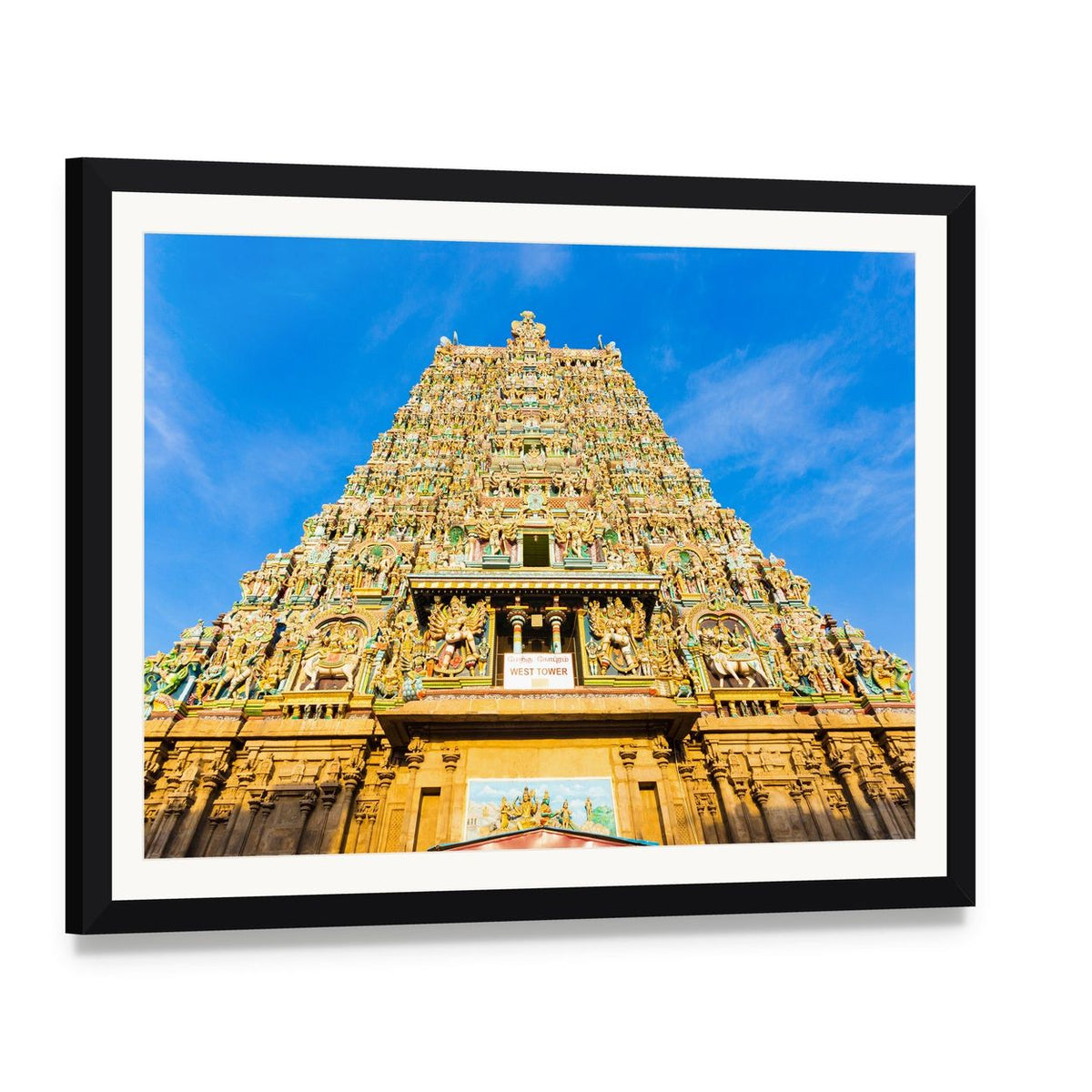 Meenakshi Amman Temple in India Canvas Wall Art, framed print with white mat and black frame, angled product view