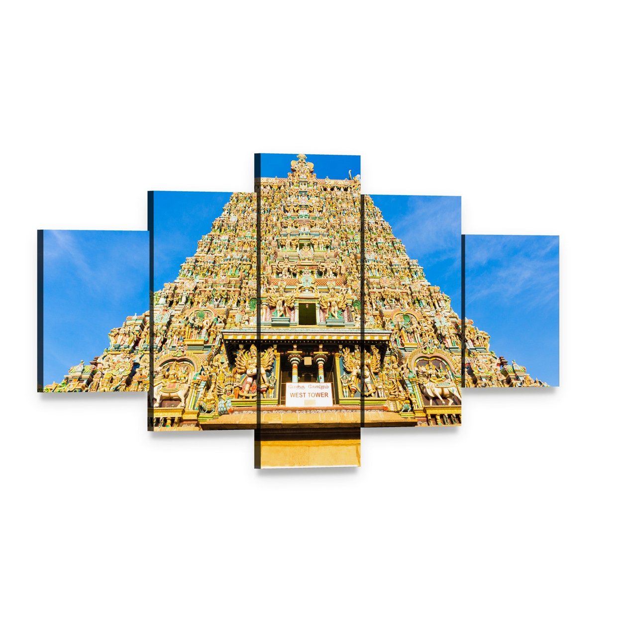 Meenakshi Amman Temple in India Canvas Wall Art, 5 panel 5 Star layout gallery wrapped canvas set, angled product view