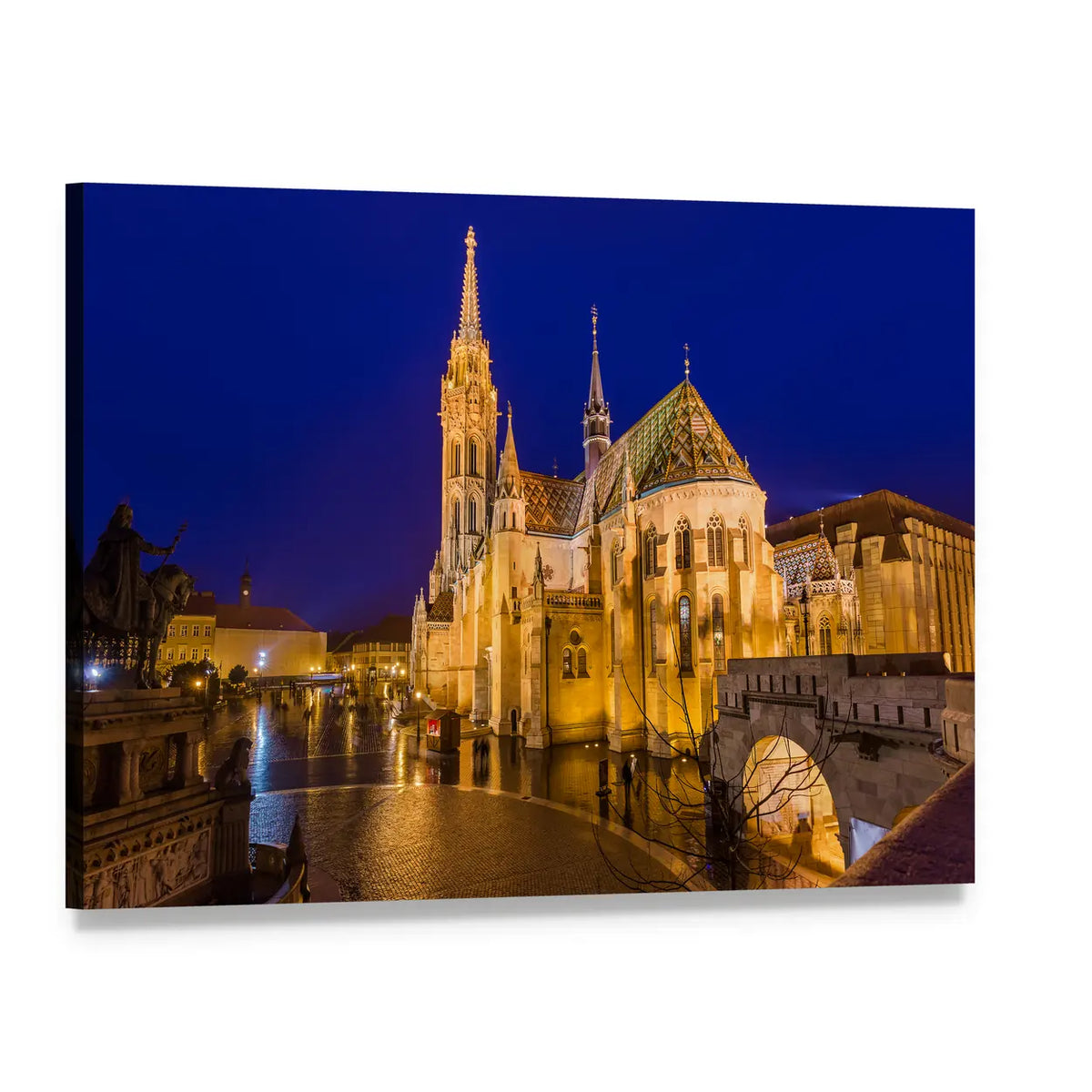 Matthias Church at Night Canvas Wall Art, single panel gallery wrapped canvas, angled product view