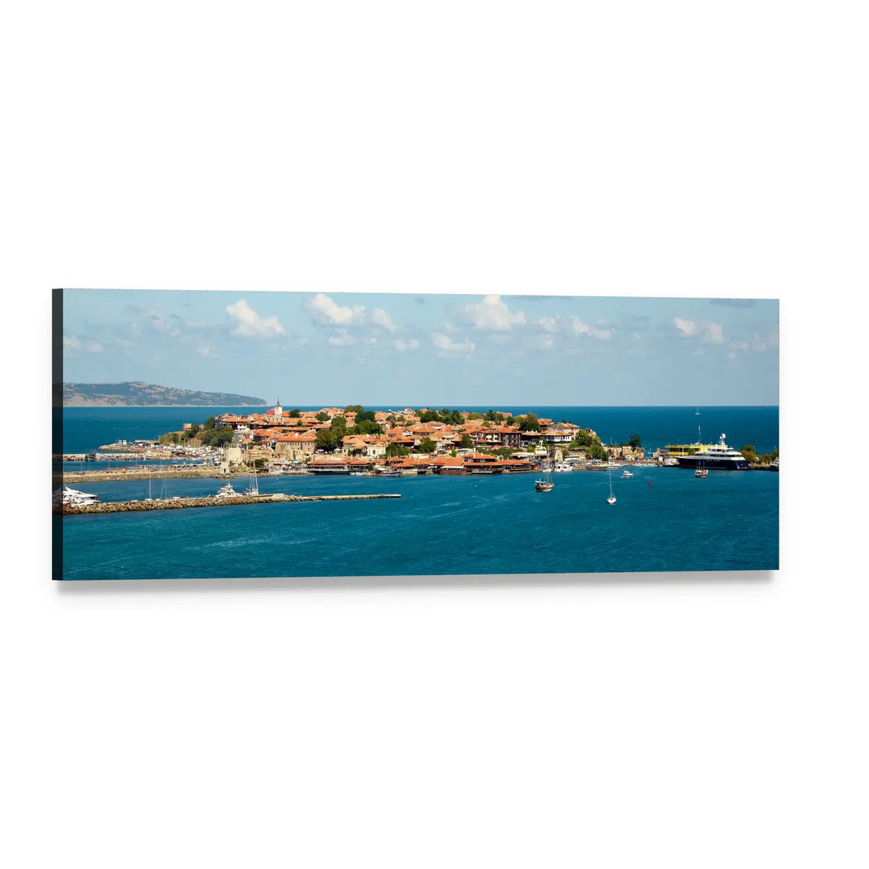 Ancient Nessebar Coastal Town Panoramic Canvas Wall Art, single panel gallery wrapped canvas, angled product view