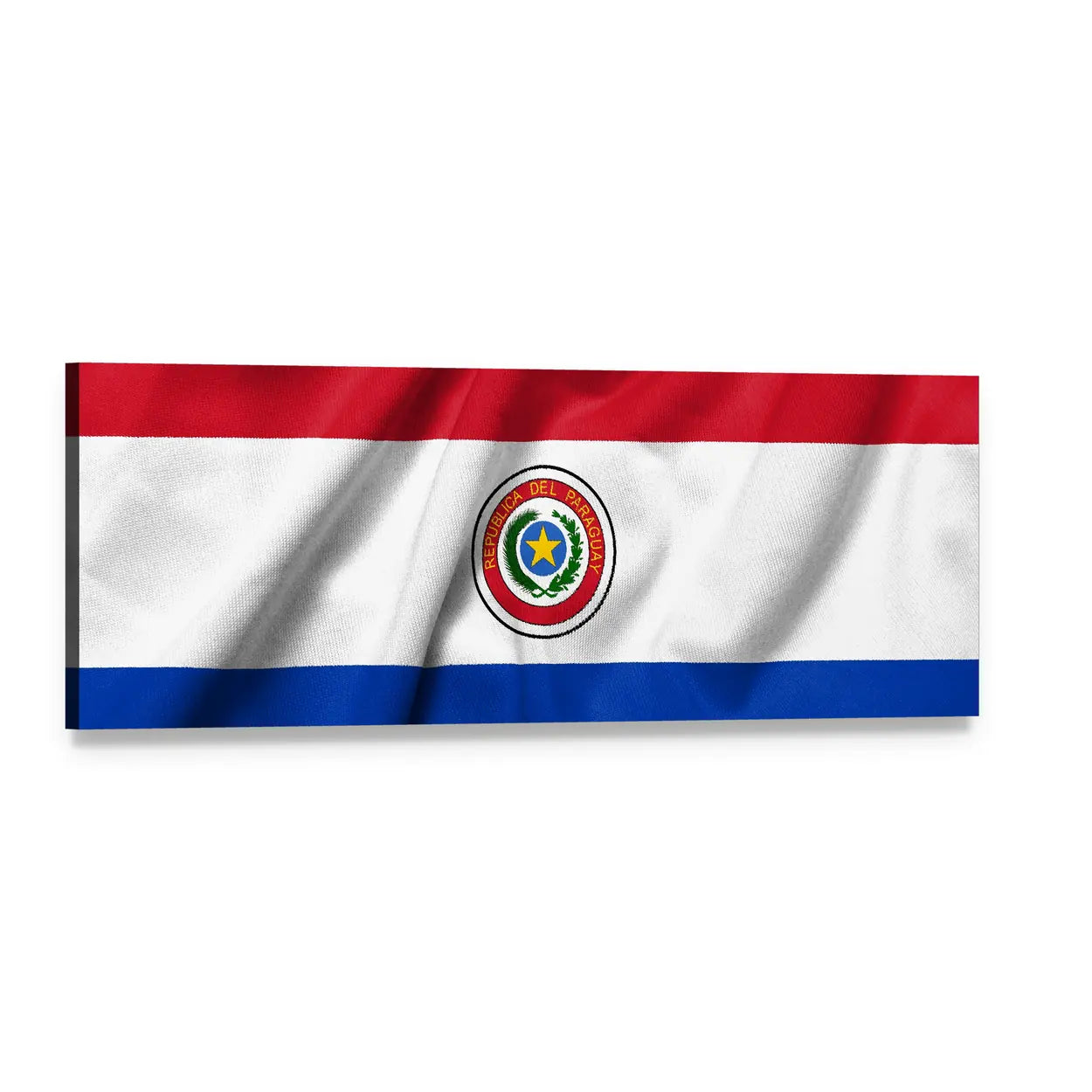 Paraguayan Flag with Coat of Arms Panoramic Canvas Wall Art, single panel gallery wrapped canvas, angled product view