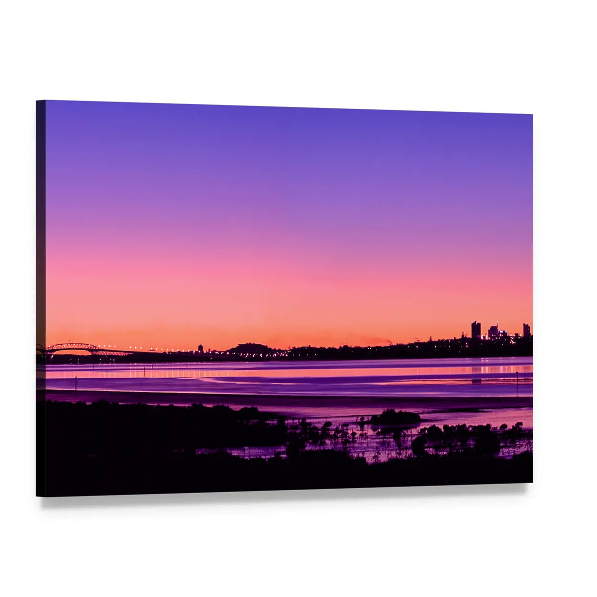 Auckland City Sunrise Canvas Wall Art, single panel gallery wrapped canvas, angled product view
