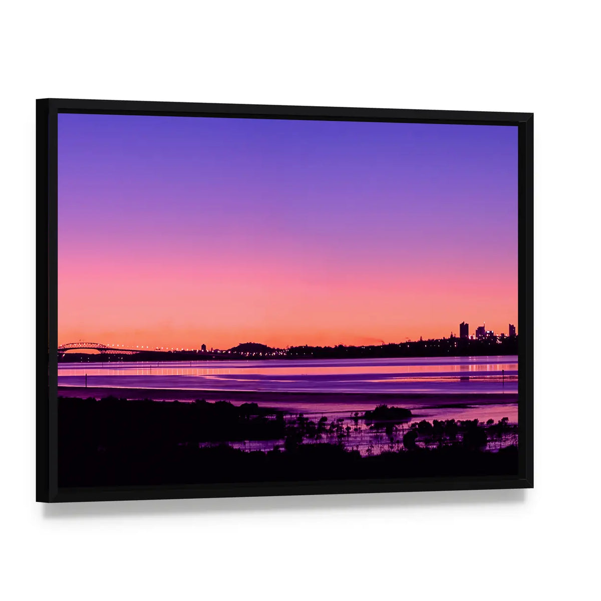 Auckland City Sunrise Canvas Wall Art, framed canvas in a black floater frame, angled product view
