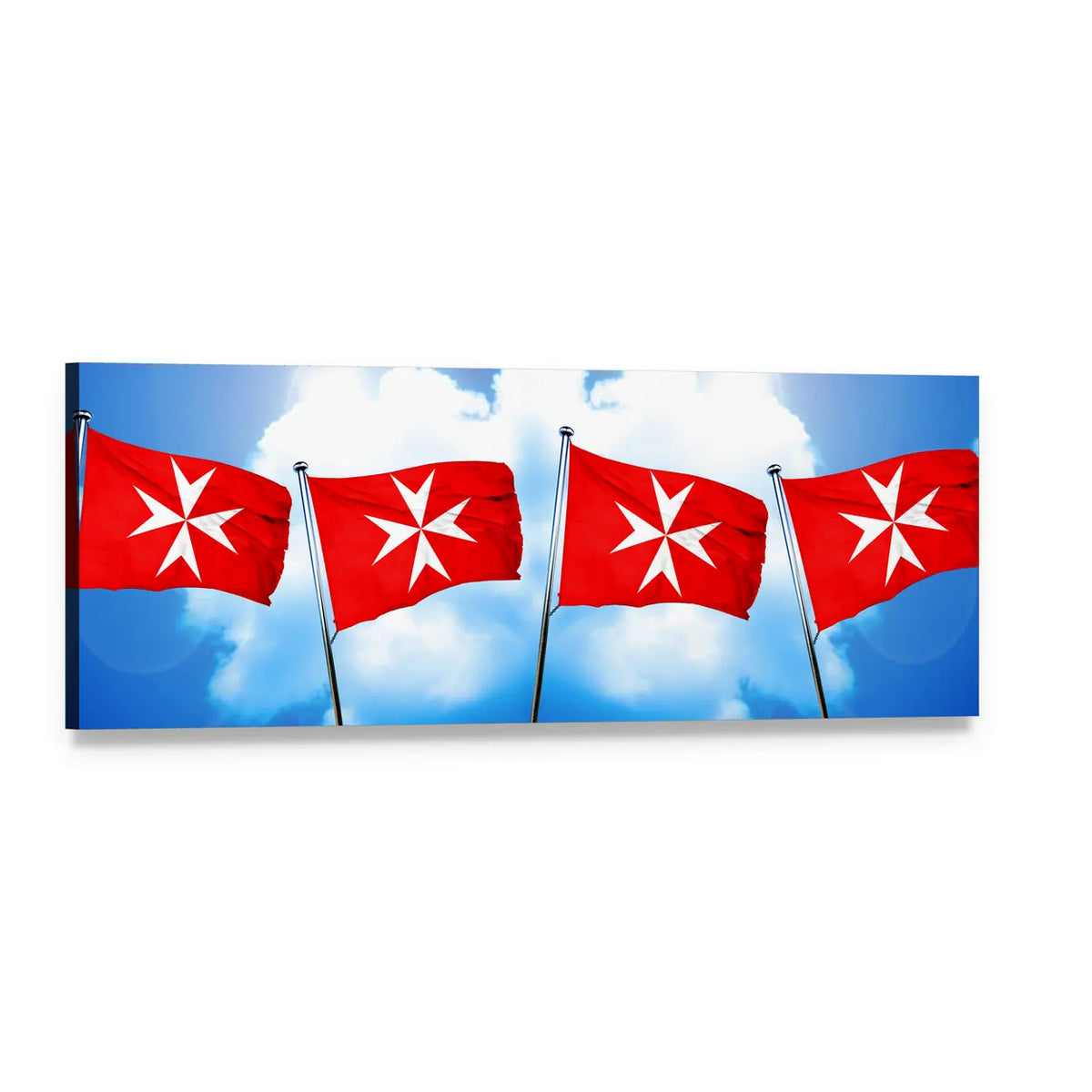 Four Maltese Flags on Silver-topped Poles Panoramic Canvas Wall Art, single panel gallery wrapped canvas, angled product view