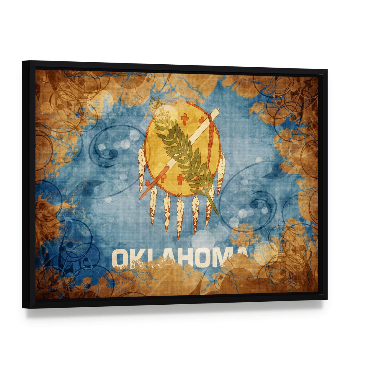 Vintage Oklahoma Flag with Distressed Border Canvas Wall Art, framed canvas in a black floater frame, angled product view