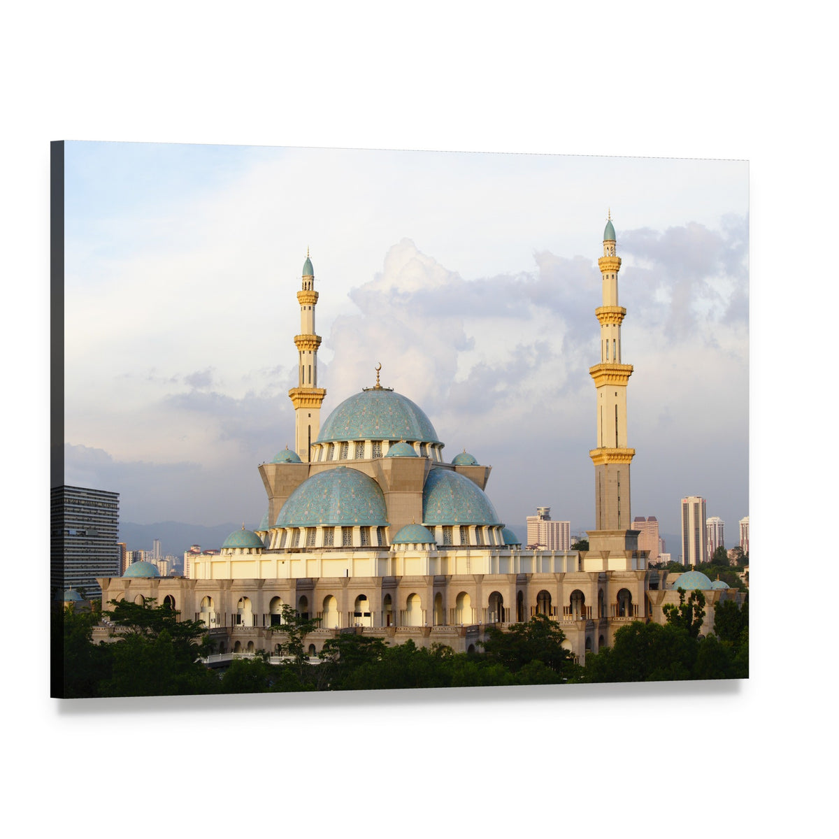 Wilayah Mosque with Teal Domes Canvas Wall Art, single panel gallery wrapped canvas, angled product view