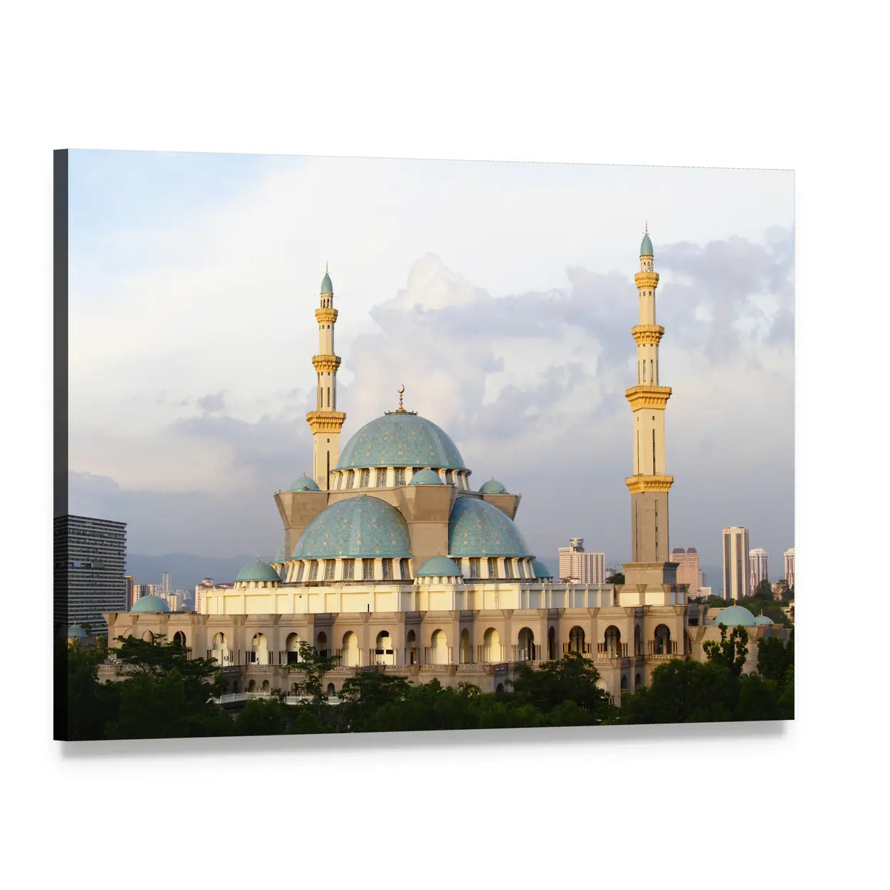 Wilayah Mosque with Blue Domes Canvas Wall Art, single panel gallery wrapped canvas, angled product view