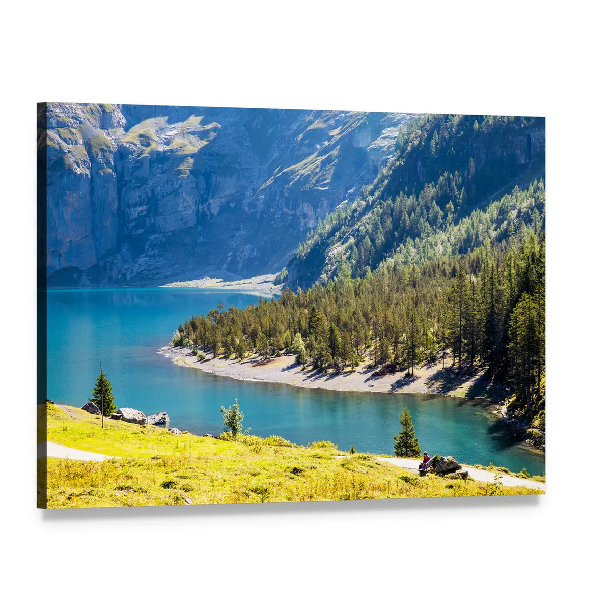Oeschinen Lake Shoreline Canvas Wall Art, single panel gallery wrapped canvas, angled product view