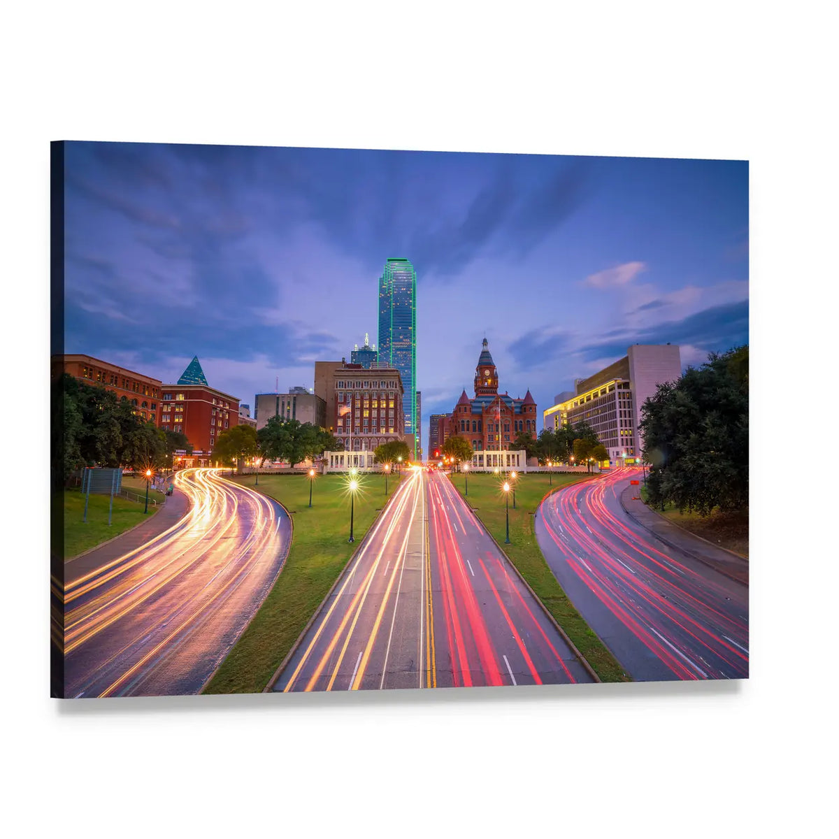 Downtown Dallas Light Trails Canvas Wall Art, single panel gallery wrapped canvas, angled product view