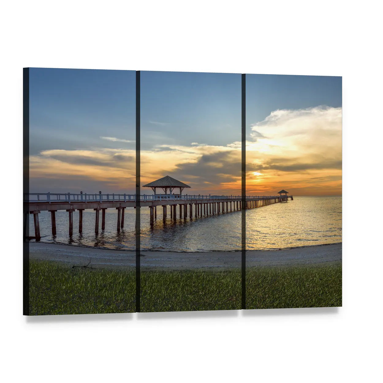 Wooden Pier with Gazebo at Sunset Canvas Wall Art, 3 panel 3 Horizontal layout gallery wrapped canvas set, angled product view