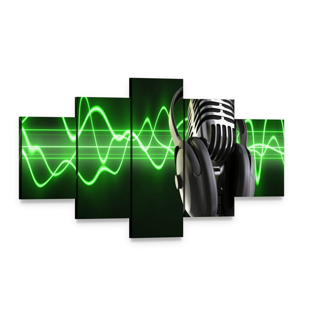 Microphone and Headphones with Green Sound Wave Canvas Wall Art, 5 panel 5 Star layout gallery wrapped canvas set, angled product view