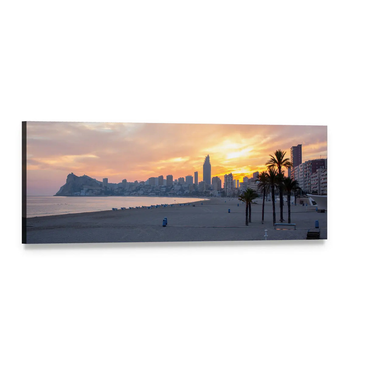 Sunset Over Coastal City Beach Panoramic Canvas Wall Art, single panel gallery wrapped canvas, angled product view