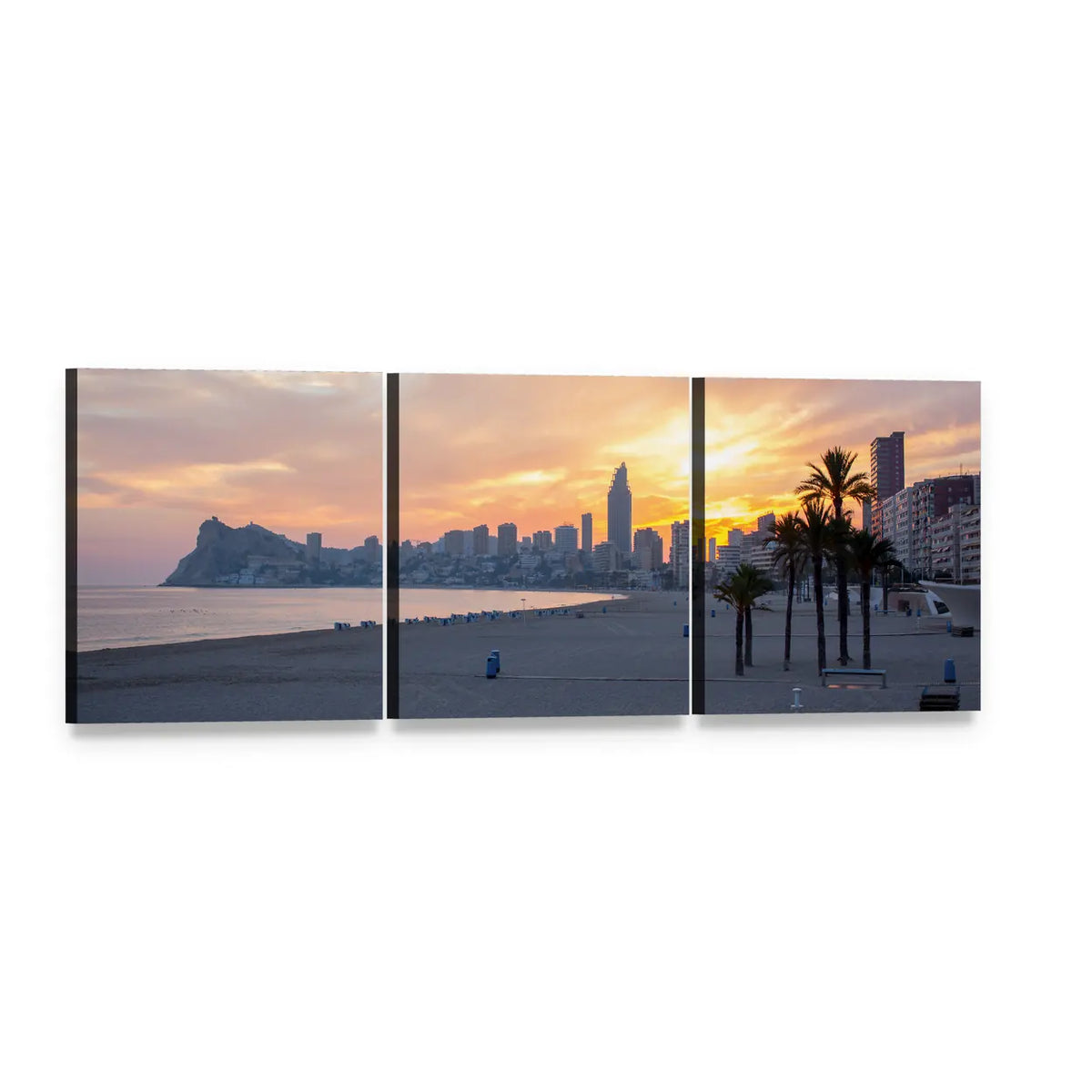 Sunset Over Coastal City Beach Panoramic Canvas Wall Art, 3 panel 3 Piece layout gallery wrapped canvas set, angled product view