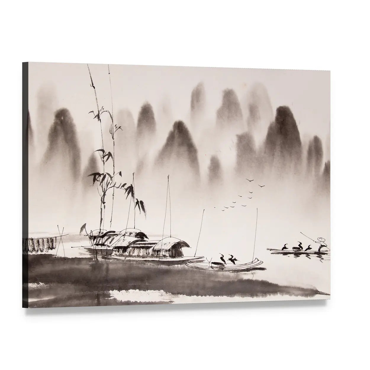 Chinese Ink Wash Landscape Canvas Wall Art, single panel gallery wrapped canvas, angled product view