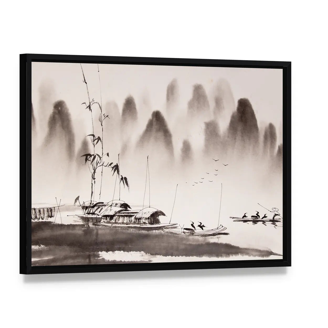 Chinese Ink Wash Landscape Canvas Wall Art, framed canvas in a black floater frame, angled product view