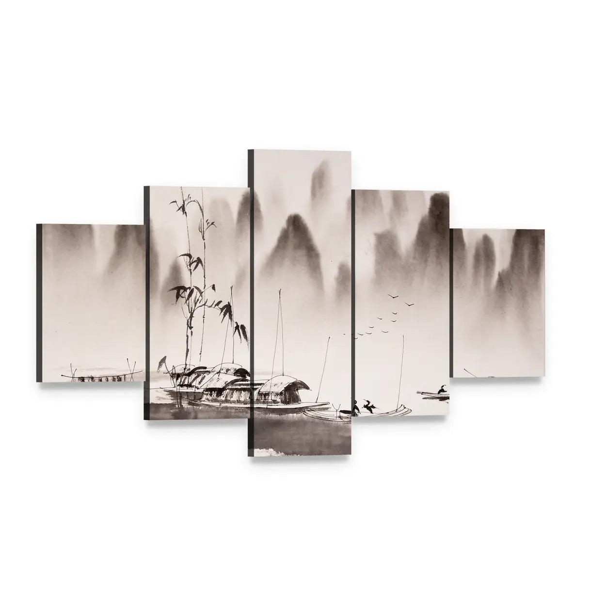 Chinese Ink Wash Landscape Canvas Wall Art, 5 panel 5 Star layout gallery wrapped canvas set, angled product view