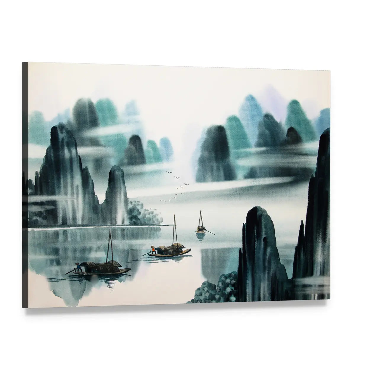 Misty River Chinese Watercolor Landscape Canvas Wall Art, single panel gallery wrapped canvas, angled product view