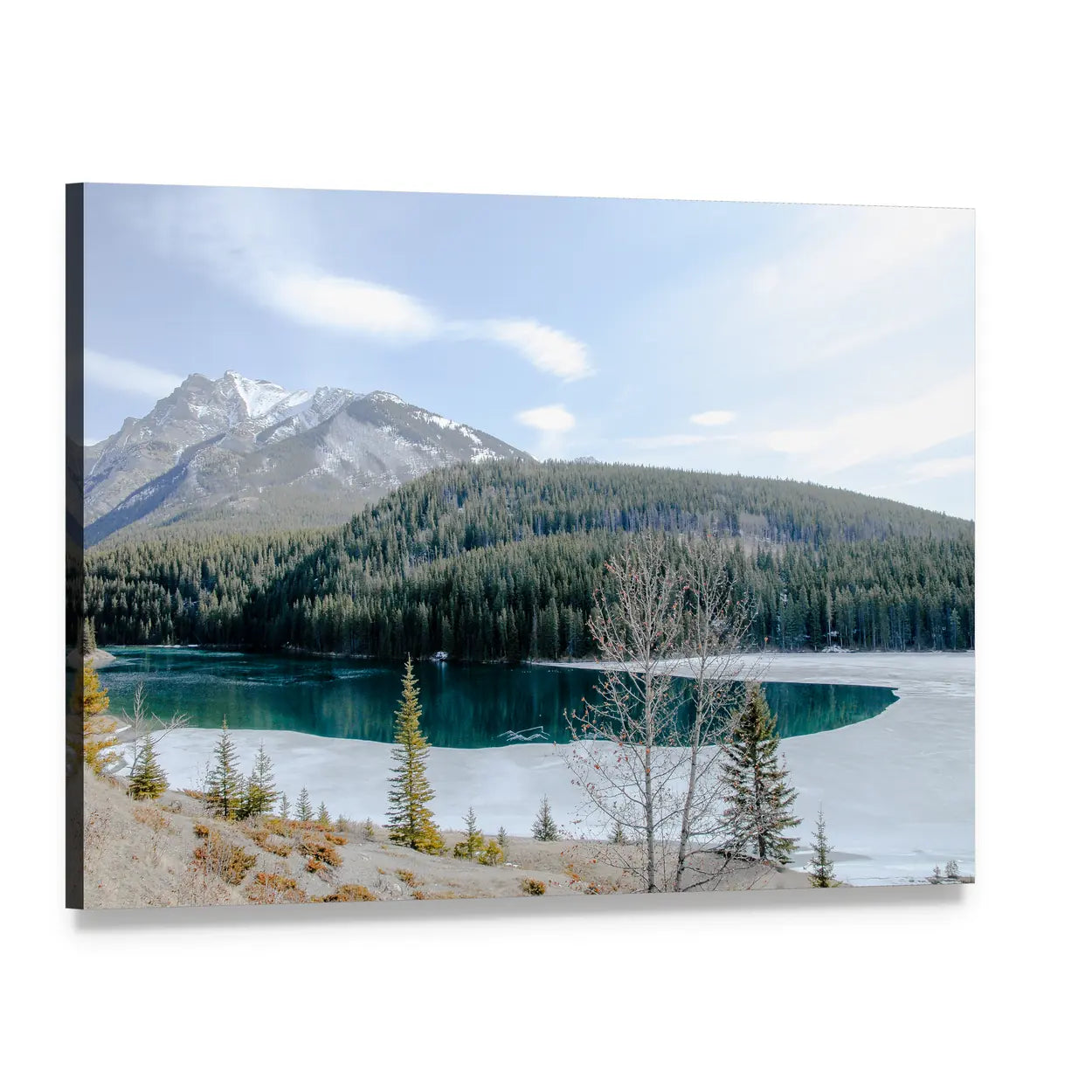 Two Jack Lake in Winter Canvas Wall Art, single panel gallery wrapped canvas, angled product view