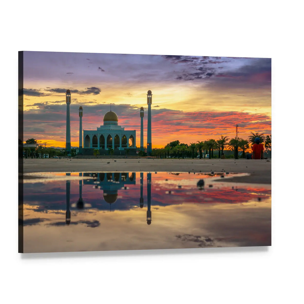 Mosque at Sunset with Golden Dome Reflection Canvas Wall Art, single panel gallery wrapped canvas, angled product view