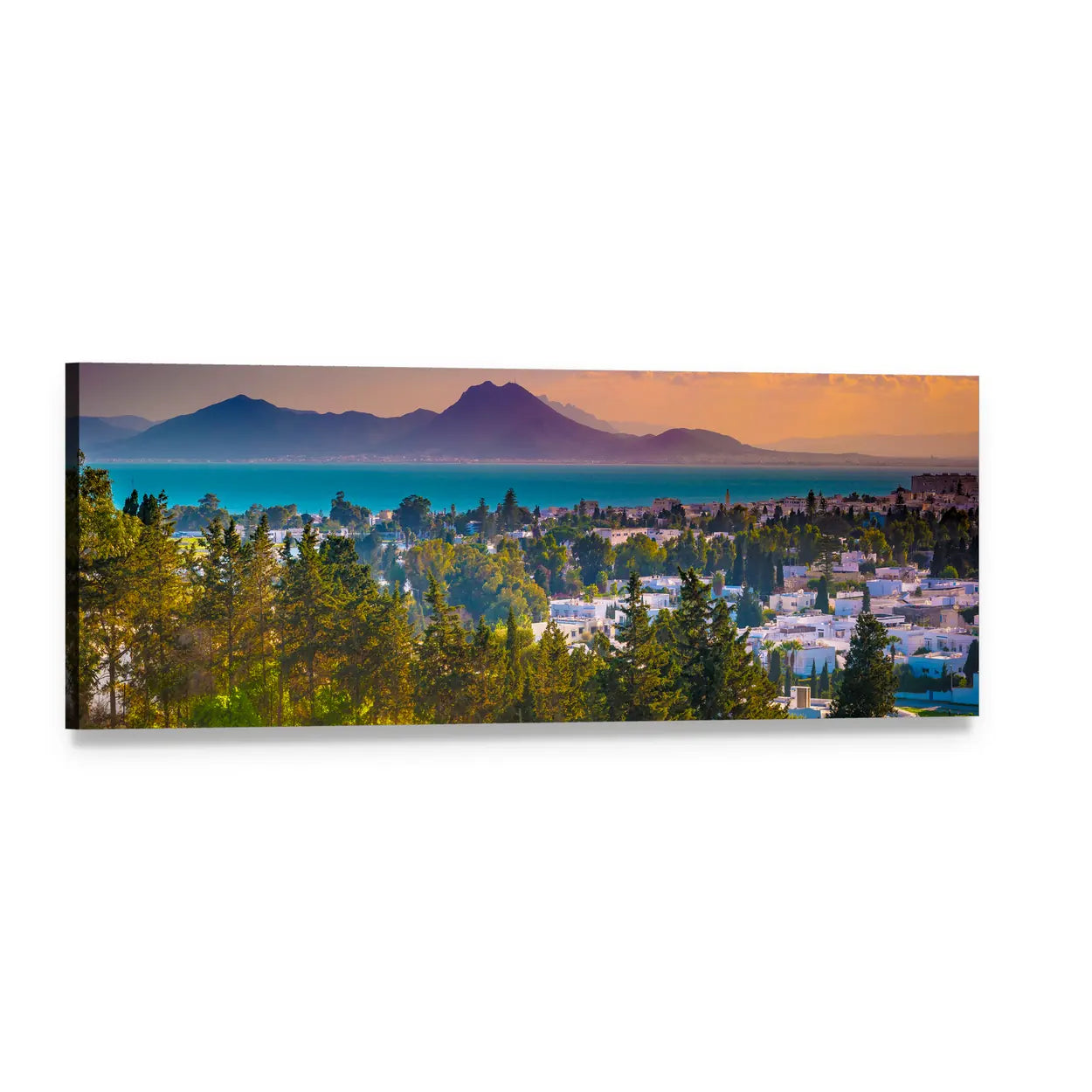 Tunis Hill View at Sunset Panoramic Canvas Wall Art, single panel gallery wrapped canvas, angled product view