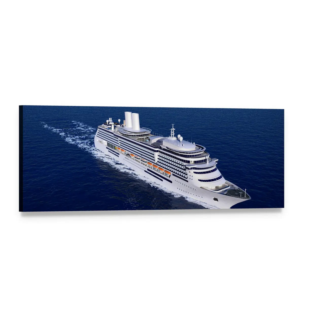 White Luxury Cruise Ship Aerial View Panoramic Canvas Wall Art, single panel gallery wrapped canvas, angled product view